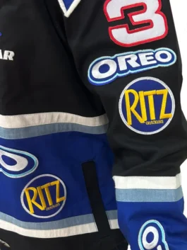 Close-up on the right-hand chest and sleeve of the JH Design NASCAR Oreo Racing Jacket. Visible logos include the number 3, Oreo, and Ritz Crackers, emphasizing the distinct design of this Dale Earnhardt Jr Oreo Racing Jacket.