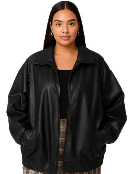 Jane Women’s Pastel Collar Oversized Bomber Leather Jacket