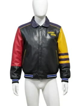 Front view of a Jeff Hamilton Looney Tunes jacket in black leather with red and yellow sleeves, a classic piece of Looney Tunes memorabilia jacket.