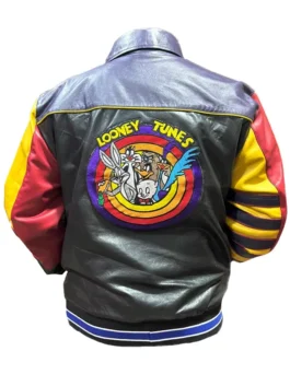The back of this Looney Tunes jacket vintage style shows iconic characters. A Looney Tunes bomber jacket from America Jackets with expert craftsmanship.