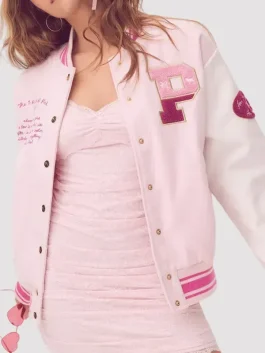 LoveShackFancy x PINK Varsity Jacket Front Look Wearing a Women