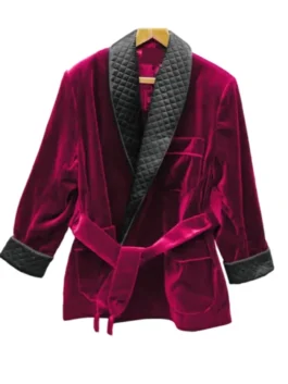 Maroon velvet Roselli smoking jacket with quilted lapel. A stylish smokers jacket robe for men and women.