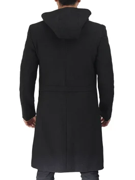 Men's Black Modern Fit Wool Hooded Coat with Zip Closure