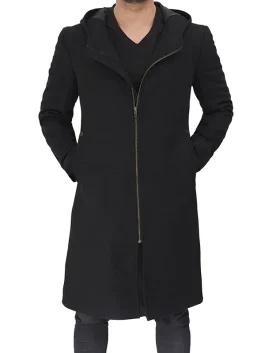 Men's Black Modern Fit Wool Hooded Coat with Zip Closure