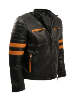 Men’s Brown Stripe Cafe Racer Leather Jacket