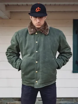Front view of the navy blue Mens Heat Straps Deck Jacket with fur collar from America Jackets.