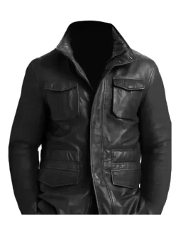 Men’s M65 Field Black Real Lambskin Leather Coat Jacket with four front flap pockets, stand collar, and zip closure