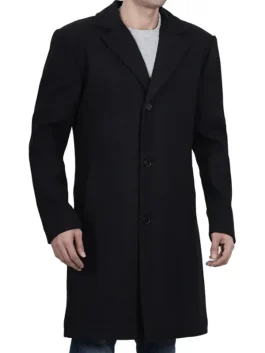 Mens Modern Fit Long Length Wool Black Topcoat