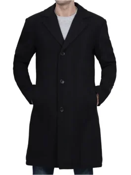 Mens Modern Fit Long Length Wool Black Topcoat