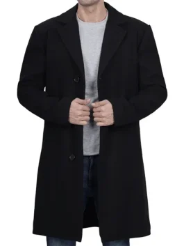 Mens Modern Fit Long Length Wool Black Topcoat