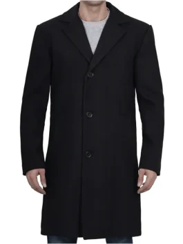 Mens Modern Fit Long Length Wool Black Topcoat