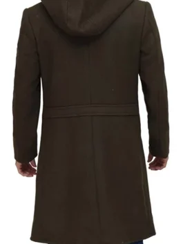 Mens Olive Green Long Wool Coat with Attached Hood