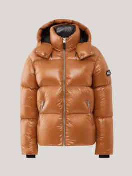 Mustard Brown shiny Mackage KENT-Z puffer jacket with hood. Trendy Mackage KENT-Z padded coat, insulated jacket for men.