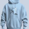 Never Say No Classic Hoodie in light blue with a bold graphic print of a person jumping and the text ‘Never Say No to Adventures’, featuring a kangaroo pocket.