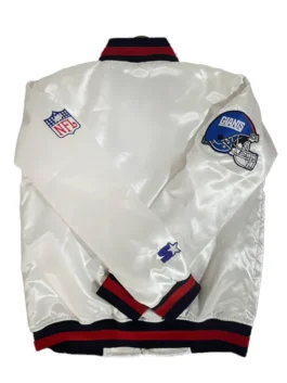 Back view of the New York Giants white starter jacket, showcasing the helmet patch and ribbed hem.