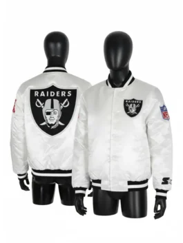 Front and back view of a mannequin wearing a Raiders NFL white jacket (resembling the style worn by Tom Brady), showing the large back logo and chest logo.