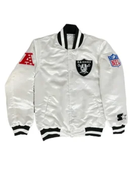 Full-front view of the Raiders white varsity jacket featuring the team logo patch and multiple sleeve patches, a style famously worn by Tom Brady.