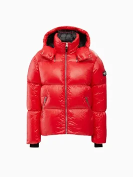 Red glossy Mackage KENT-Z hooded jacket. Mackage KENT-Z down puffer, mens jacket with logo sleeve, quilted jacket.