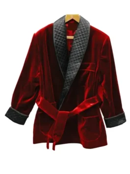 Red velvet Roselli smoking jacket. Stylish mens red smoking jacket and red smoking robe with quilted lapel.