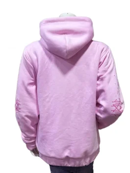 Back view of the Sleep Token Pink Hoodie showing the smooth pink fabric at America Jackets.
