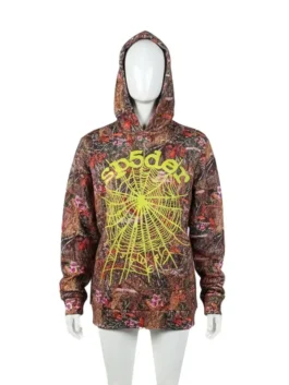 Front view of a Sp5der Real Tree OG Web Hoodie Camo featuring the signature yellow spider web graphic and logo on a forest camouflage background.