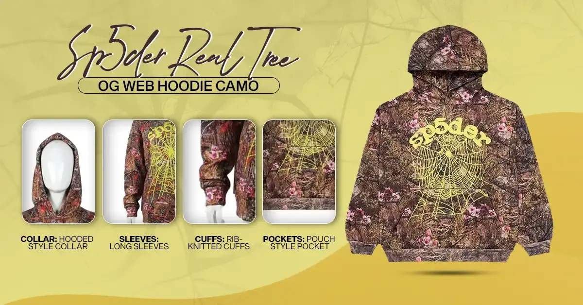 Infographic of the Sp5der Real Tree OG Web Hoodie Camo featuring a hooded collar, long sleeves, rib-knitted cuffs, and a signature pouch pocket.