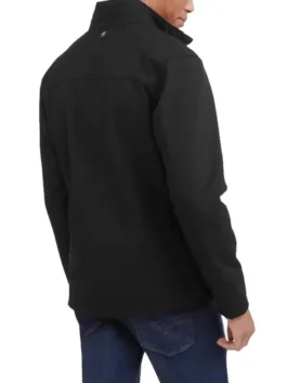 Back view of a black Swiss Tech men's softshell jacket. A swiss tech jacket men's for winter coat apparel.