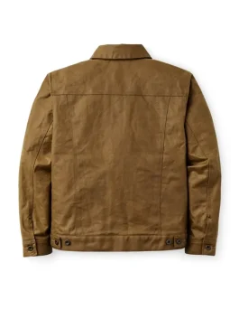 Back view of Filson Tin Cloth Short Lined Cruiser Jacket tan color showing rugged tin cloth finish.