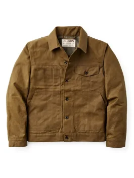 Front view of Filson Tin Cloth Short Lined Cruiser Jacket tan waxed cotton with button closure and chest pockets.