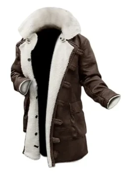 Front view of Bane Dark Knight Rises distressed brown shearling leather coat with oversized fur collar