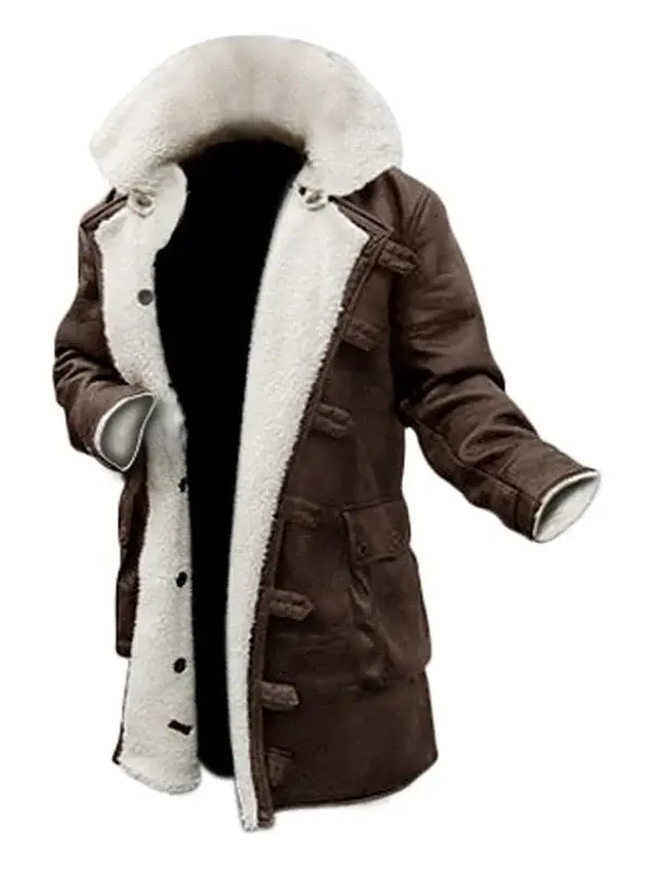 Front view of Bane Dark Knight Rises distressed brown shearling leather coat with oversized fur collar