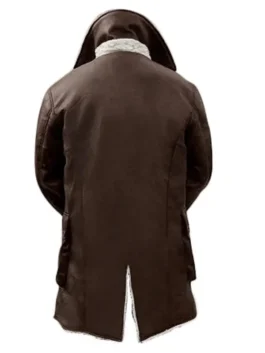 Back view of Bane Dark Knight Rises distressed brown shearling leather coat with hooded design