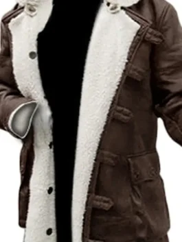 Close look at Bane Dark Knight Rises distressed brown leather coat with faux shearling lining