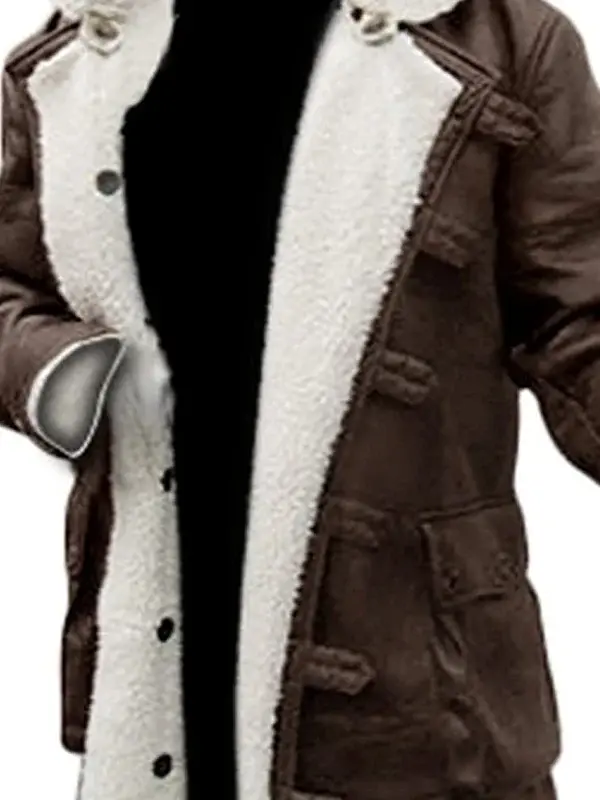 Close look at Bane Dark Knight Rises distressed brown leather coat with faux shearling lining