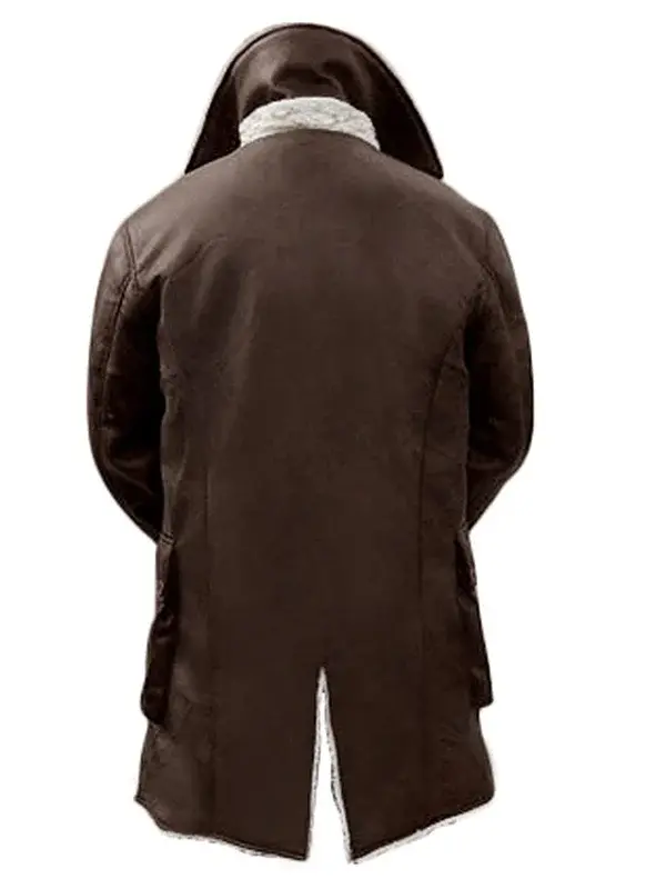 Back view of Bane Dark Knight Rises distressed brown shearling leather coat with hooded design