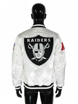 Back view of a mannequin wearing a white Raiders satin bomber jacket with the large Raiders logo patch on the back.