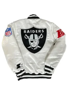Back view of a Tom Brady Raiders white satin jacket, clearly showing the large back logo and the AFC/NFL sleeve patches.