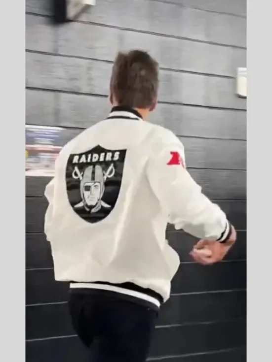 Tom Brady White Raiders Jacket Back look