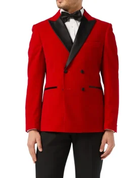 Velvet Tuxedo Double Breasted Blazer For Men Front Look Red Color