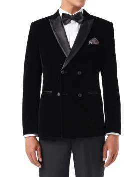 Velvet Tuxedo Double Breasted Blazer For Men Front Look Black Color