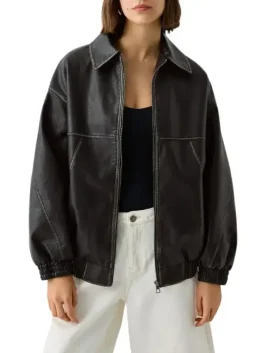Vintage Black Oversized Bomber Leather Jacket 2