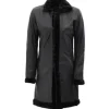 Women’s Black Leather Long Shearling Coat
