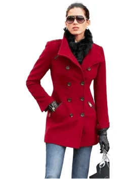 Womens Double Breasted Red Wool Blend Coat