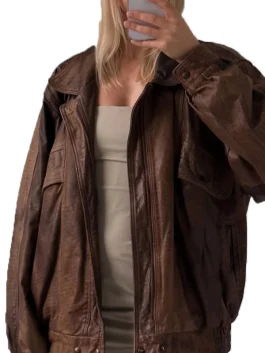 Women’s Oversize Vintage Brown Bomber Handmade Real Leather Jacket, Women’s Brown Oversized Leather Jacket