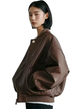 Womens Oversized Real Lambskin Leather Jackets Zip Up Trendy Bomber Motorcycle Jacket