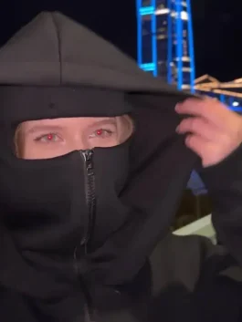 Women wearing arm balaclava zip up hoodie with face cover, black full zip streetwear hoodie for women