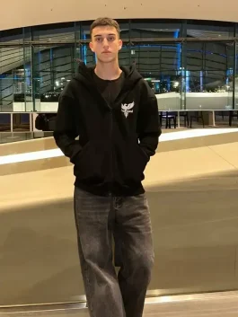 men’s zip up balaclava hoodie in black, casual street style zip hoodie with logo