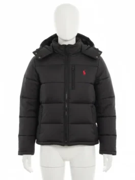Front view of a mannequin wearing a black Polo Ralph Lauren hooded puffer jacket with zip-up design and red logo.