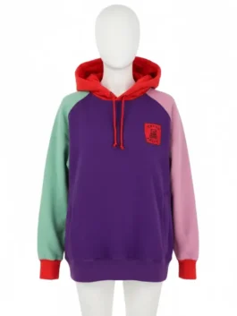 Front view of a color block hoodie teddy fresh on a white mannequin, featuring purple, pink, mint green, and red.