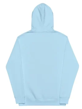 The back view of a solid light blue hoodie, showing the hood, sleeves, and hem.